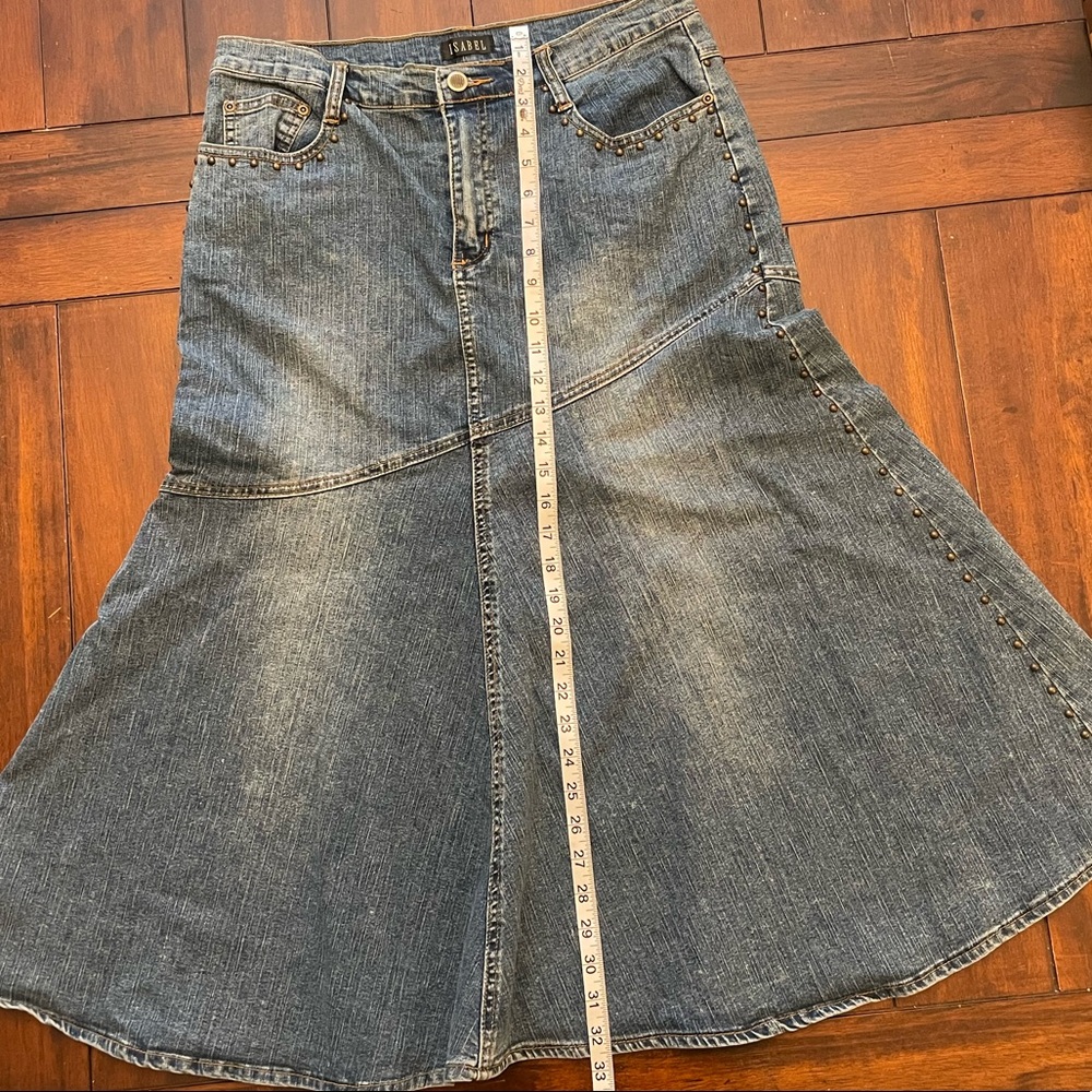 Isabel long denim flare skirt.